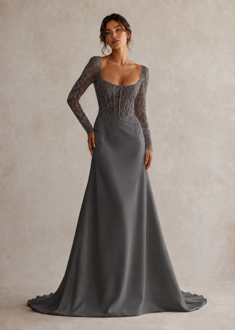 Front view of the charcoal gray square-neck fitted gown with long floral-lace sleeves and a softly flared train
