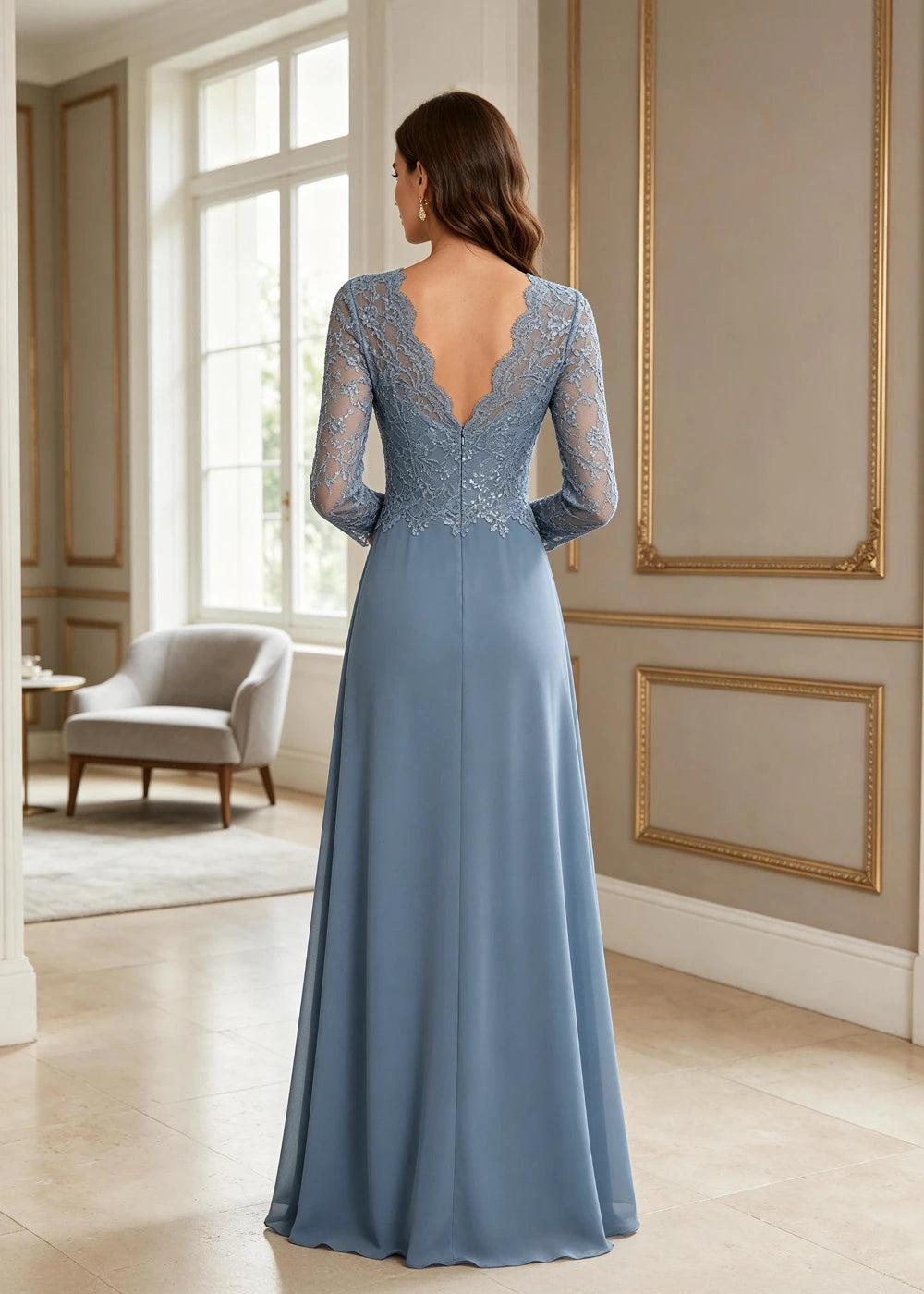 Dusty Blue V-Neck Long-Sleeve Lace Chiffon Dress