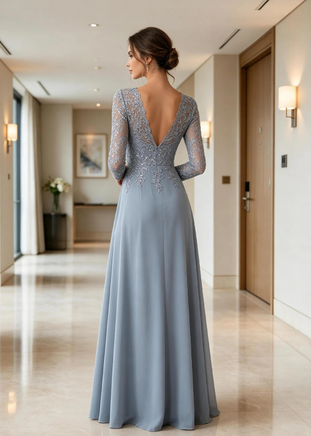 Dusty Blue Illusion-Neck Long-Sleeve Chiffon Dress