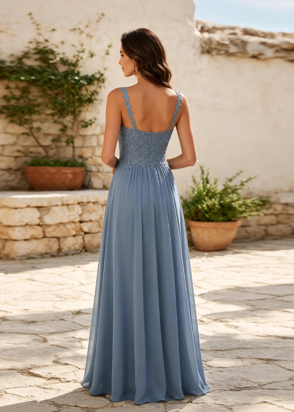 Dusty Blue Square-Neck Beaded Chiffon Evening Gown