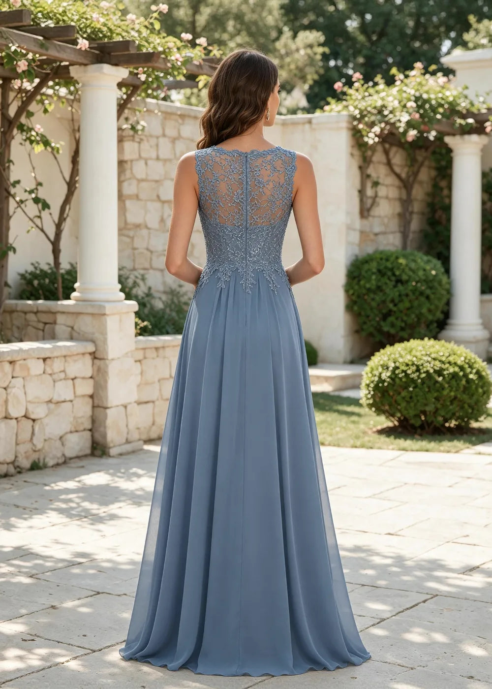 Dusty Blue Sleeveless Lace-Bodice Chiffon Gown