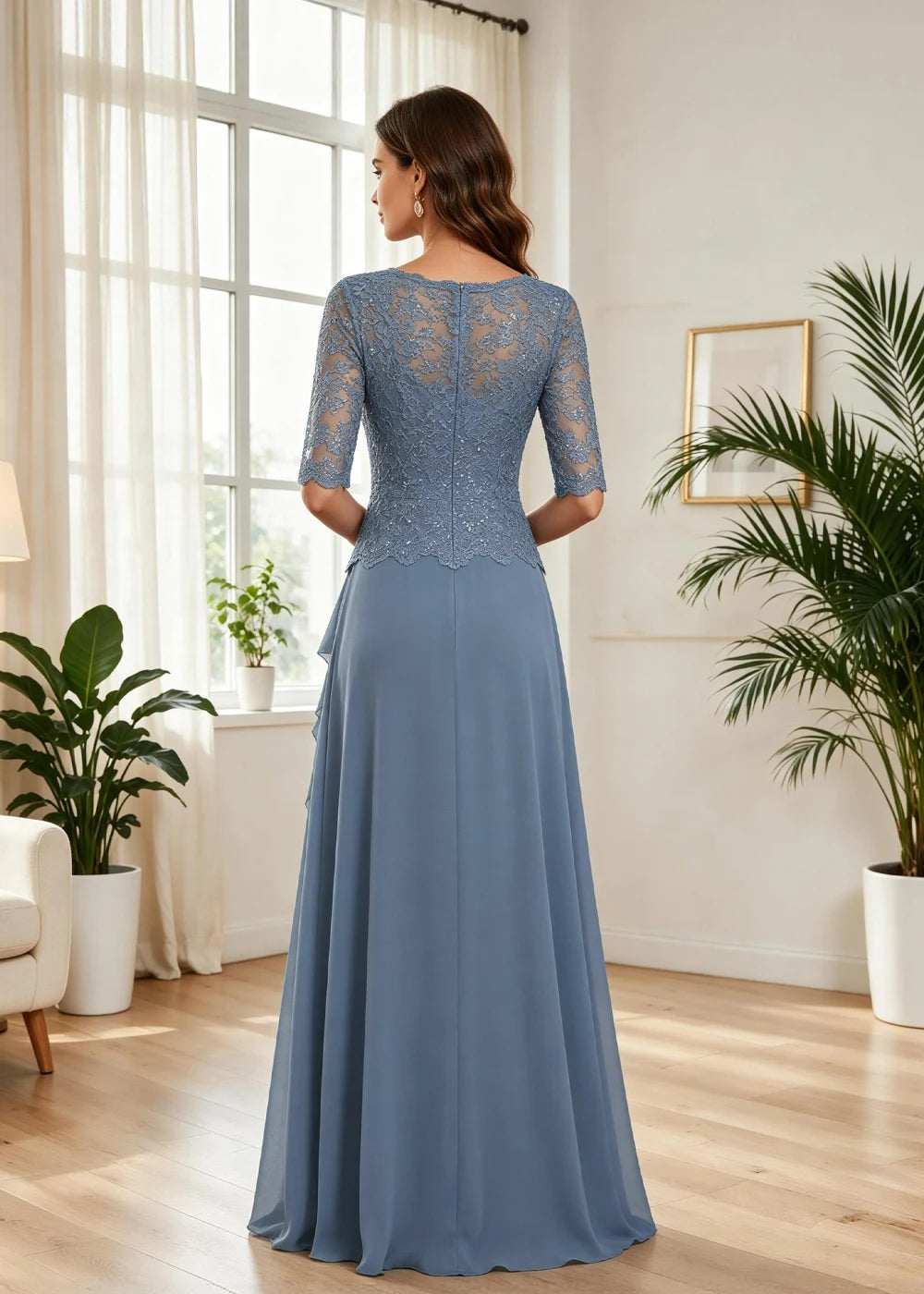 Dusty Blue Lace-Sleeve Ruffle Chiffon Formal Dress