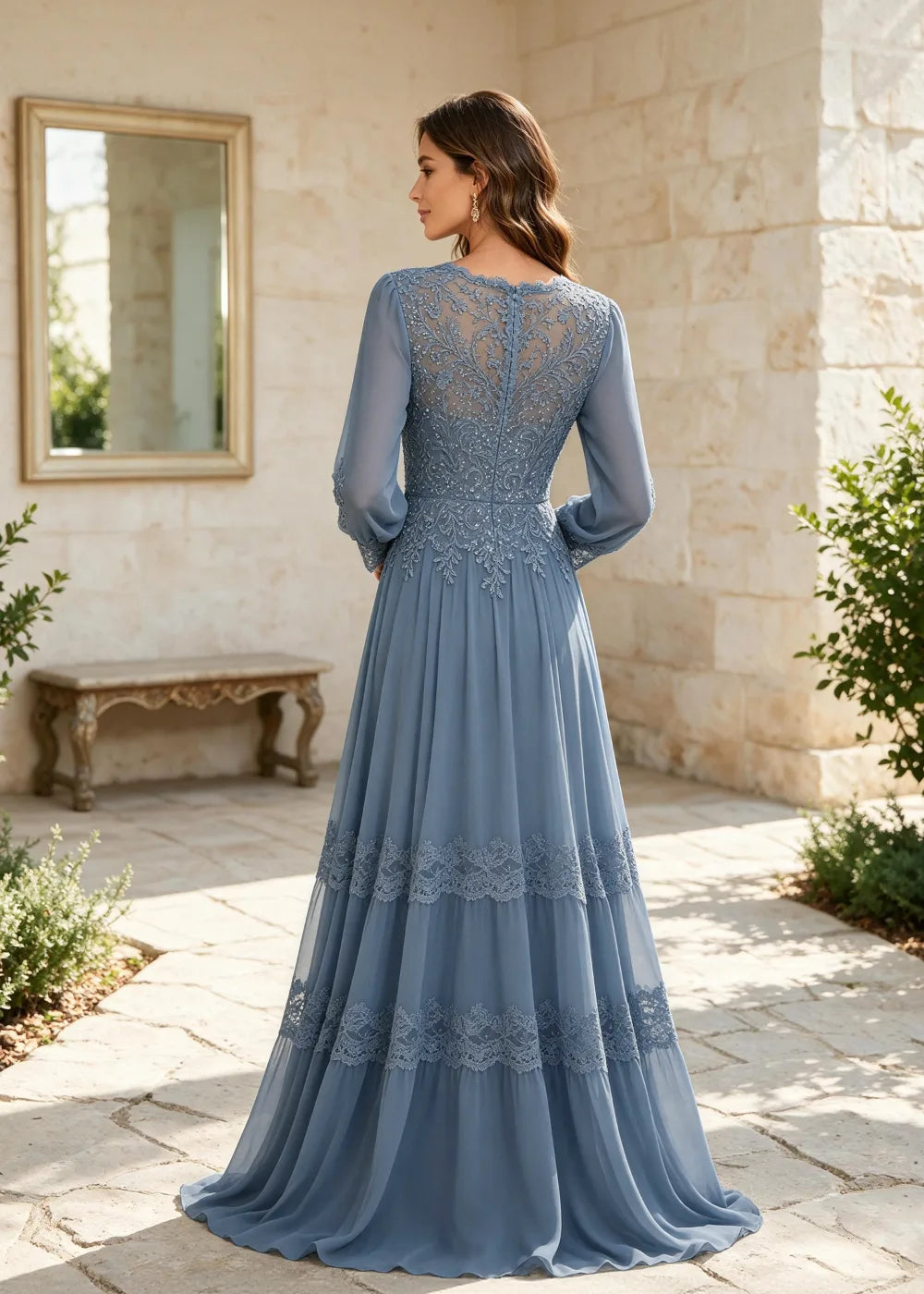 Dusty Blue Long-Sleeve Lace-Tiered Chiffon Gown