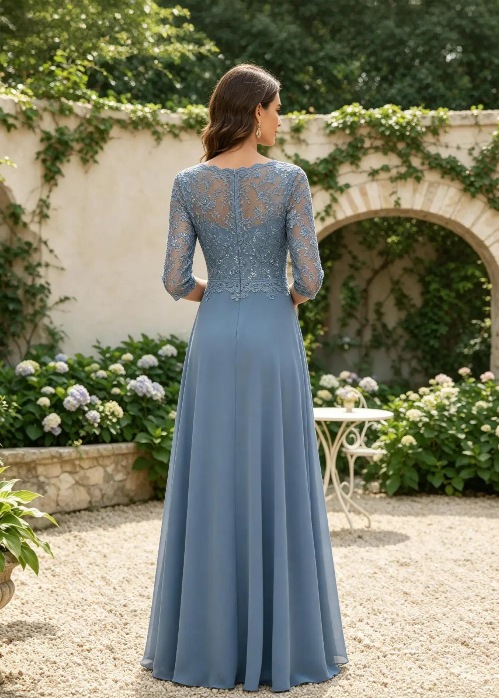 Dusty Blue V-Neck Three-Quarter Lace-Sleeve Maxi Dress