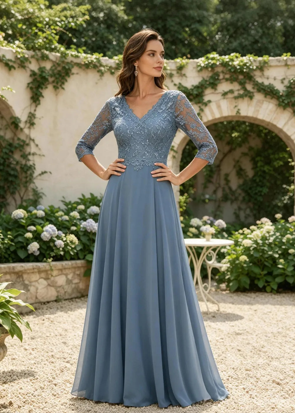 Dusty Blue V-Neck Three-Quarter Lace-Sleeve Maxi Dress