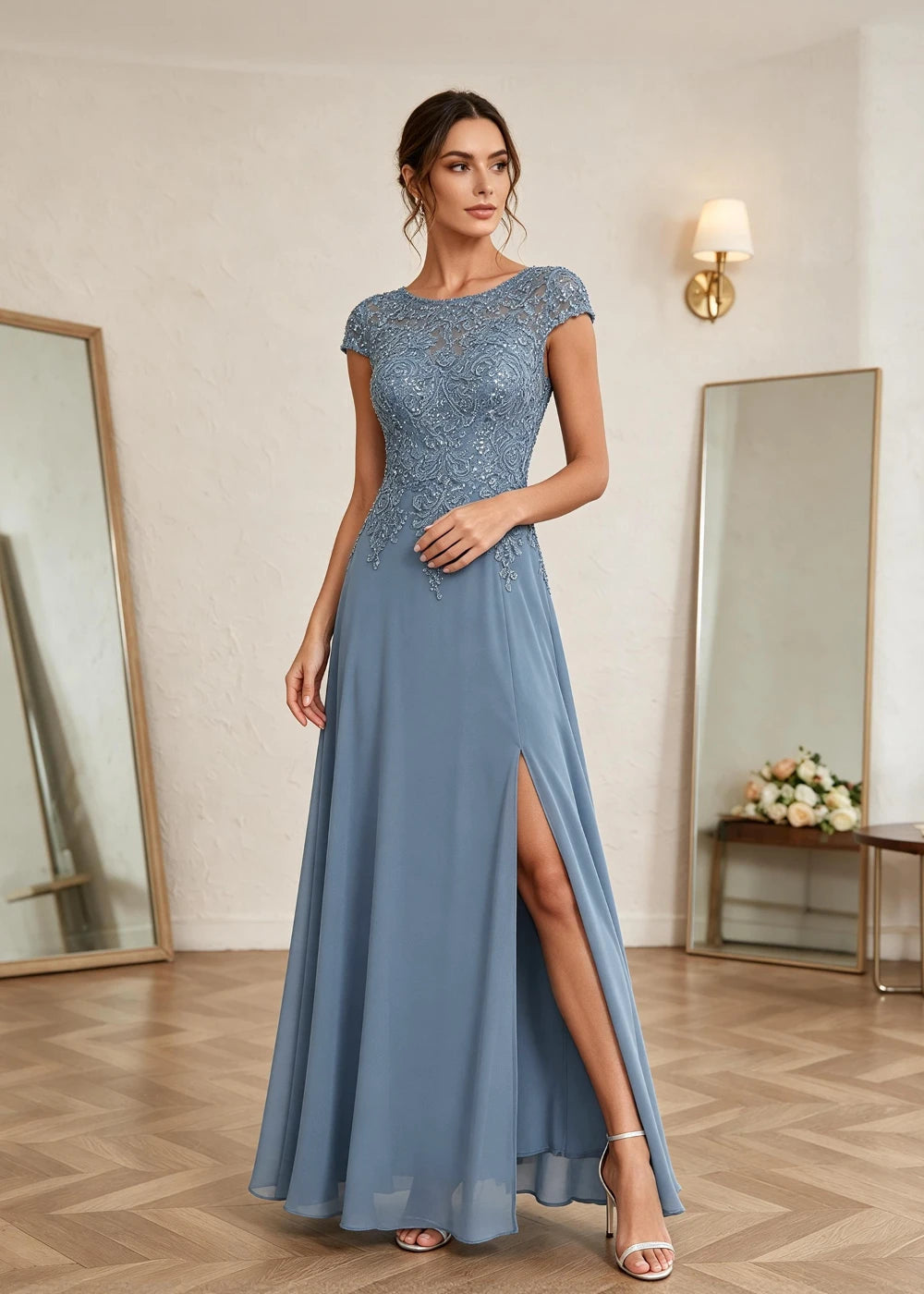 Dusty Blue Cap-Sleeve Lace Chiffon Dress with Slit