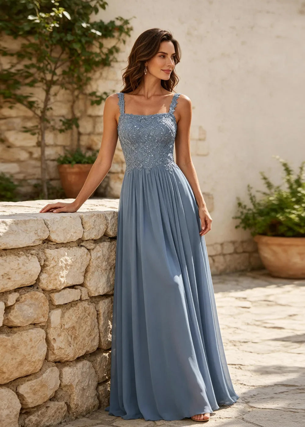 Dusty Blue Square-Neck Beaded Chiffon Evening Gown