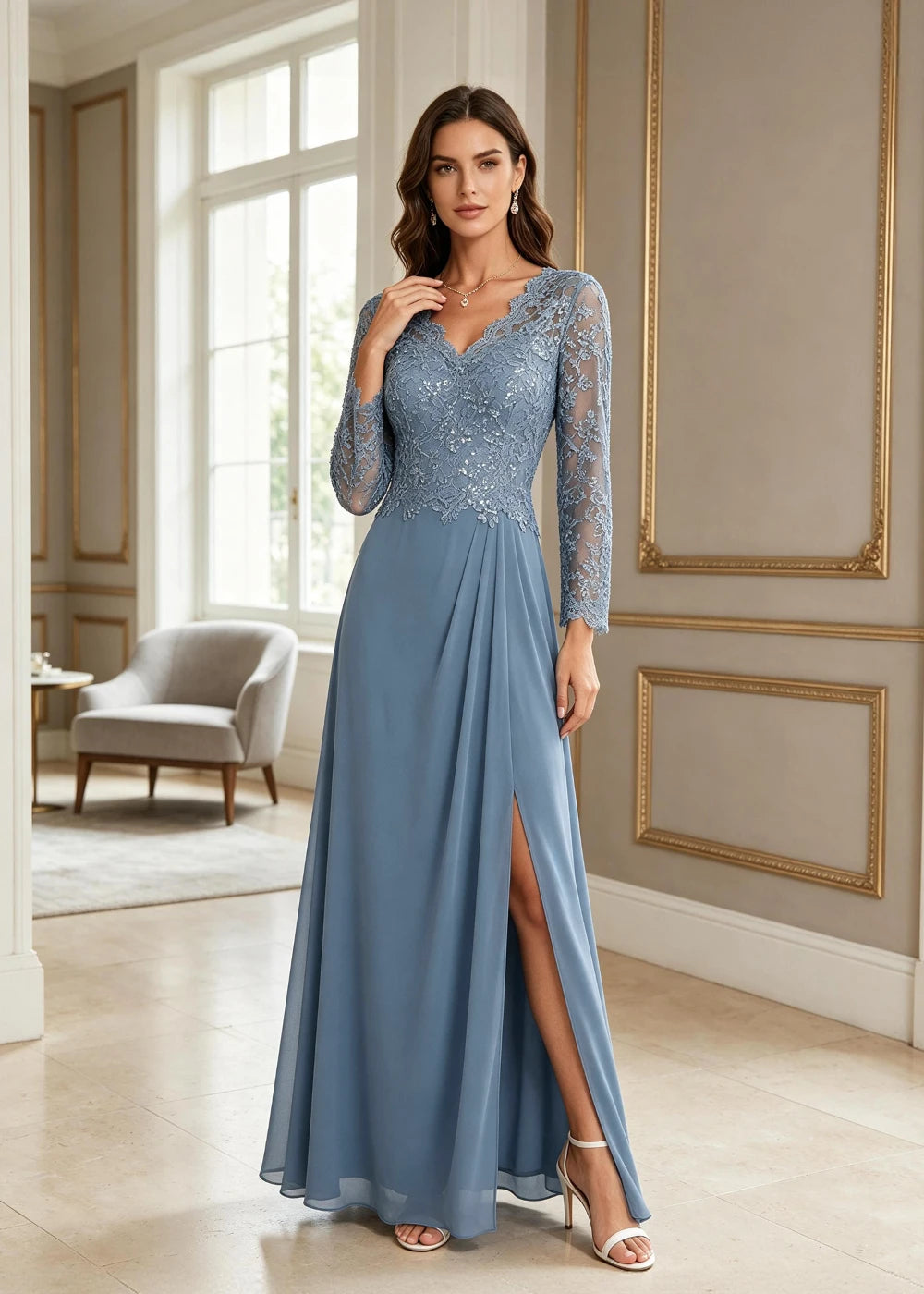 Dusty Blue V-Neck Long-Sleeve Lace Chiffon Dress