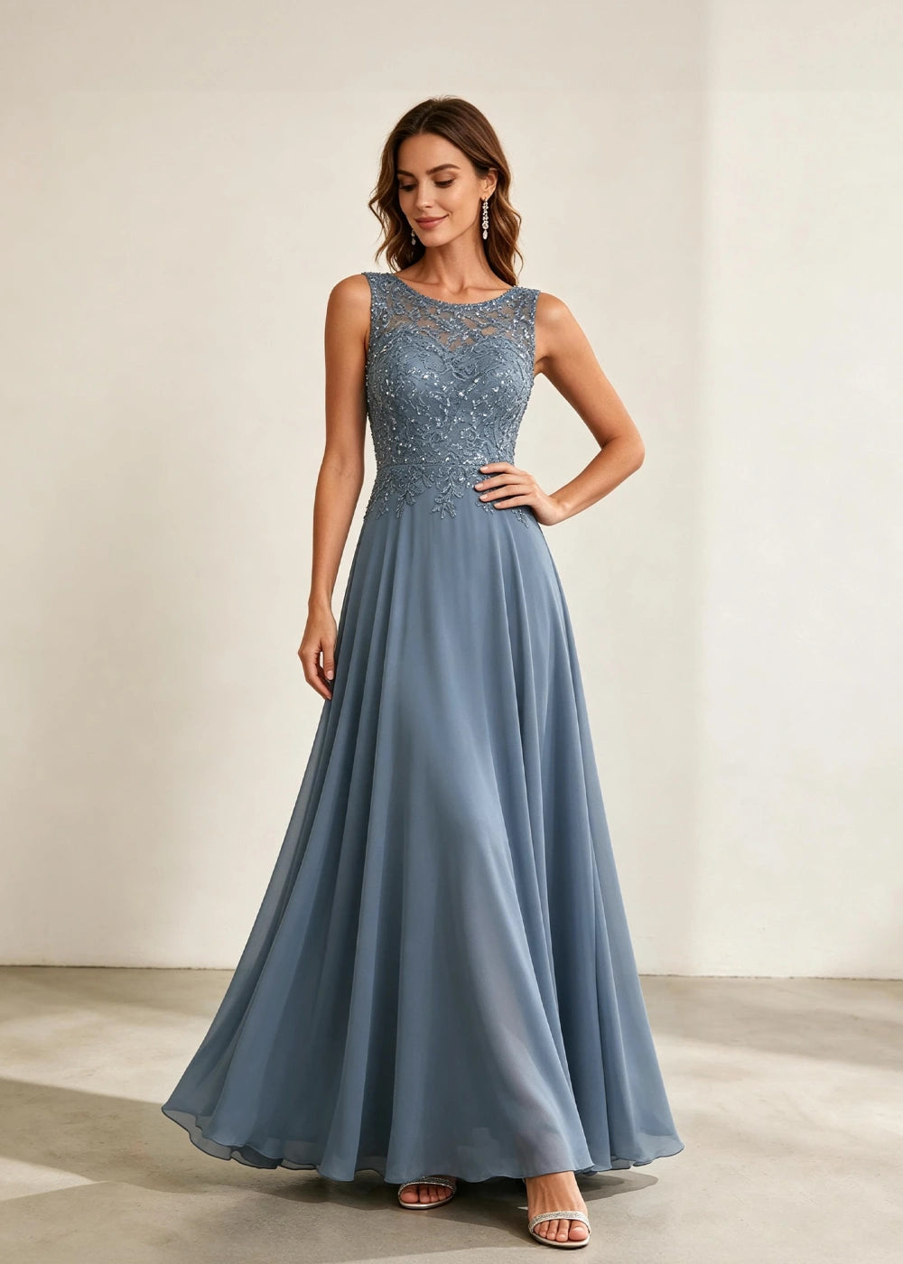 Dusty Blue Sleeveless Lace-Bodice Chiffon Formal Dress