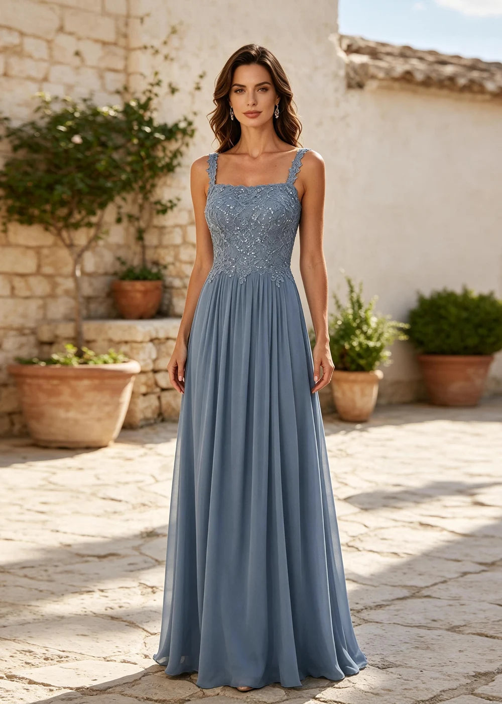 Dusty Blue Square-Neck Beaded Chiffon Evening Gown