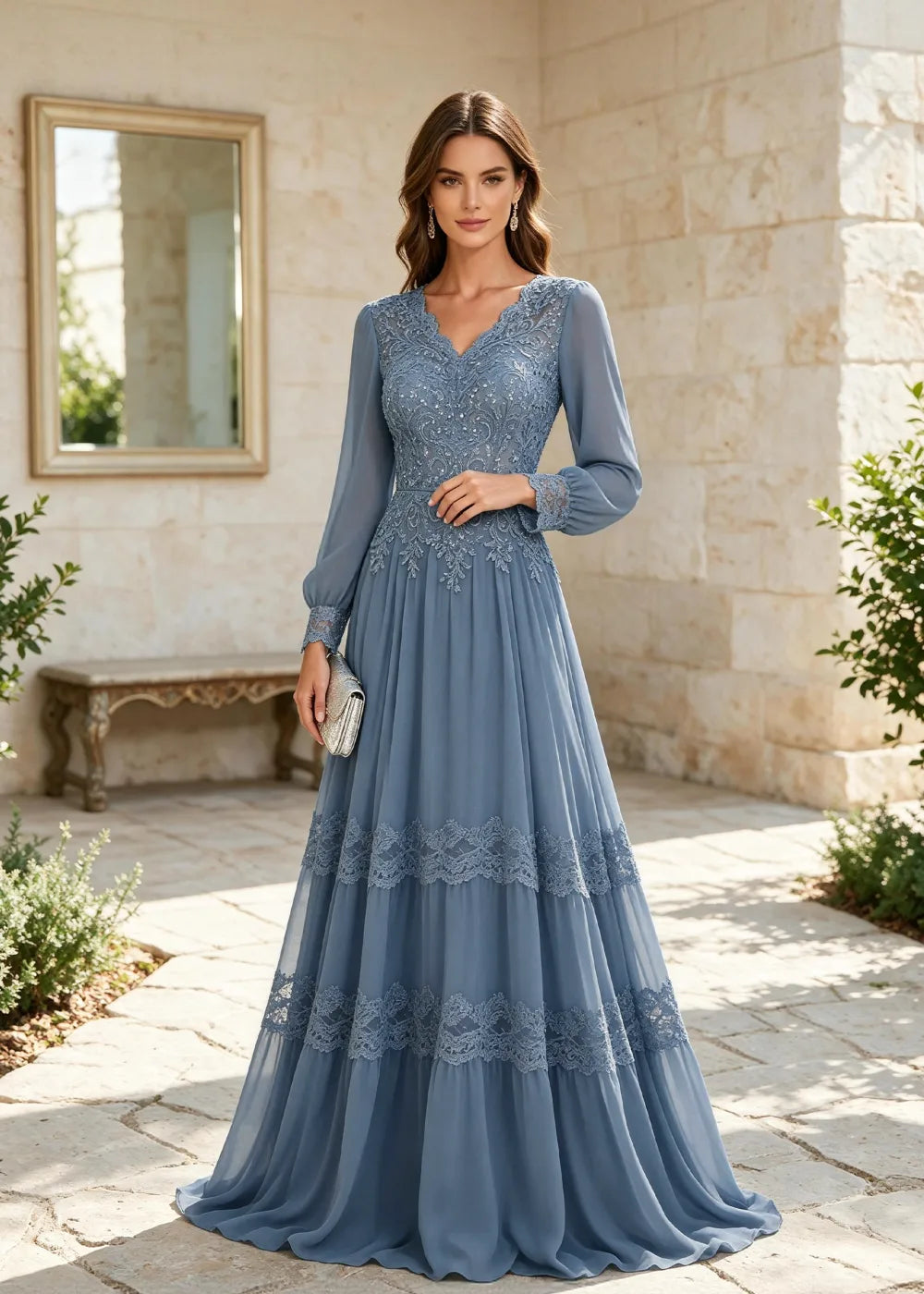 Dusty Blue Long-Sleeve Lace-Tiered Chiffon Gown