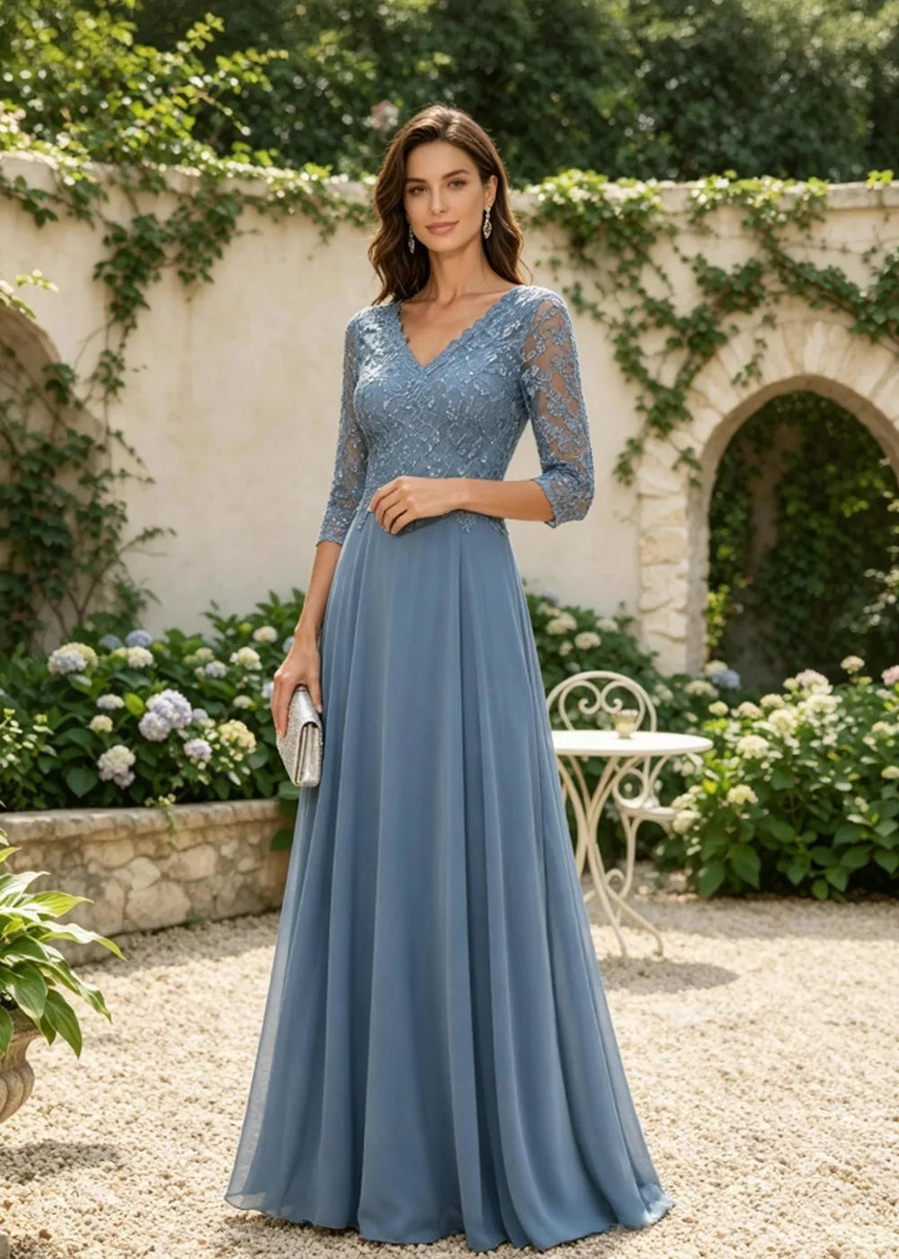 Dusty Blue V-Neck Three-Quarter Lace-Sleeve Maxi Dress