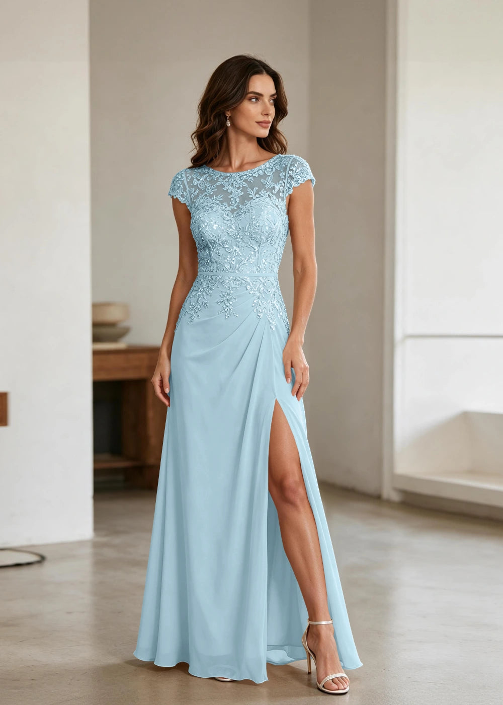 Champagne Lace Cap-Sleeve Chiffon Formal Dress