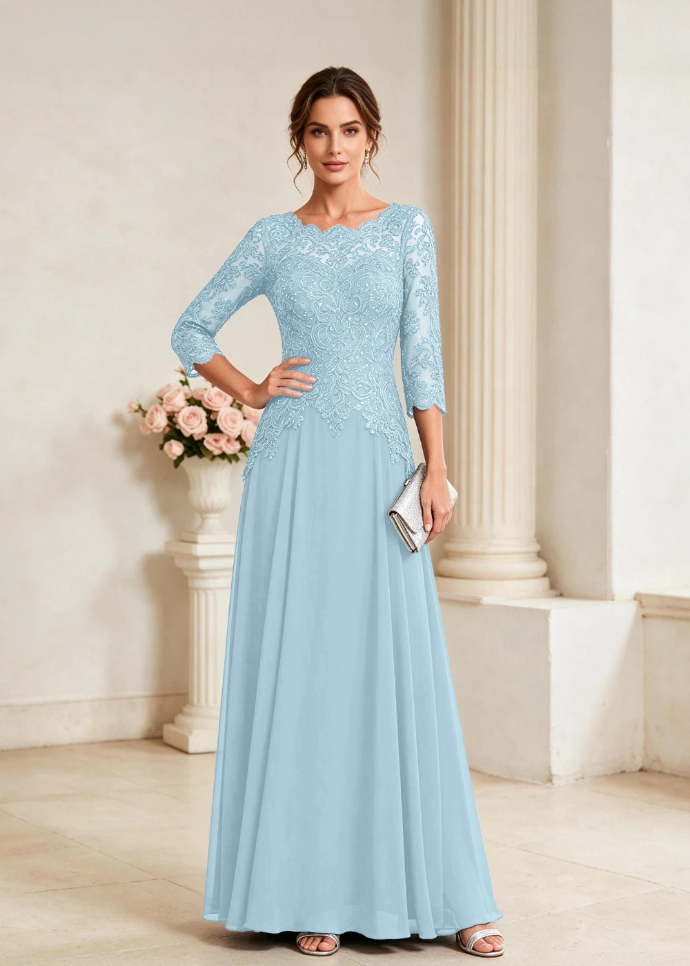Navy Blue Three-Quarter-Sleeve Lace Chiffon Gown