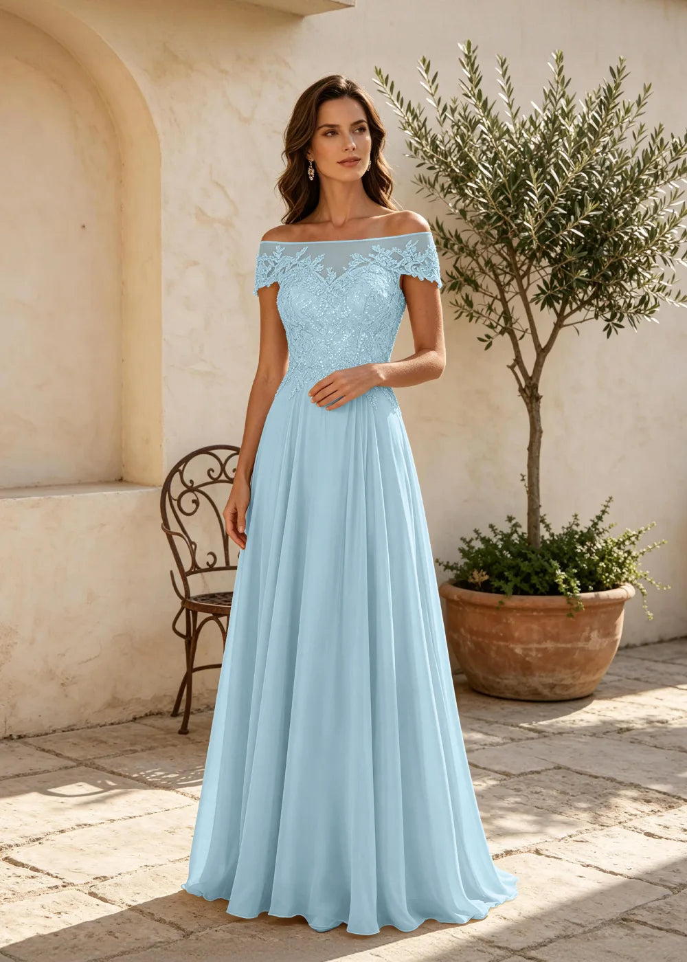 Champagne Off the Shoulder Maxi Dress with Lace