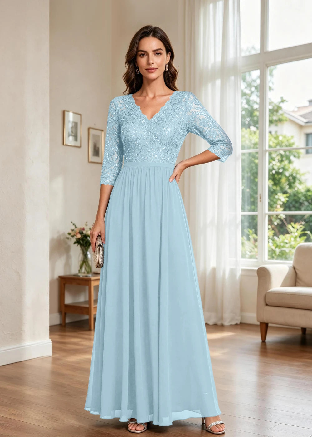 Navy Blue V-Neck Lace-Sleeve Chiffon Maxi Dress