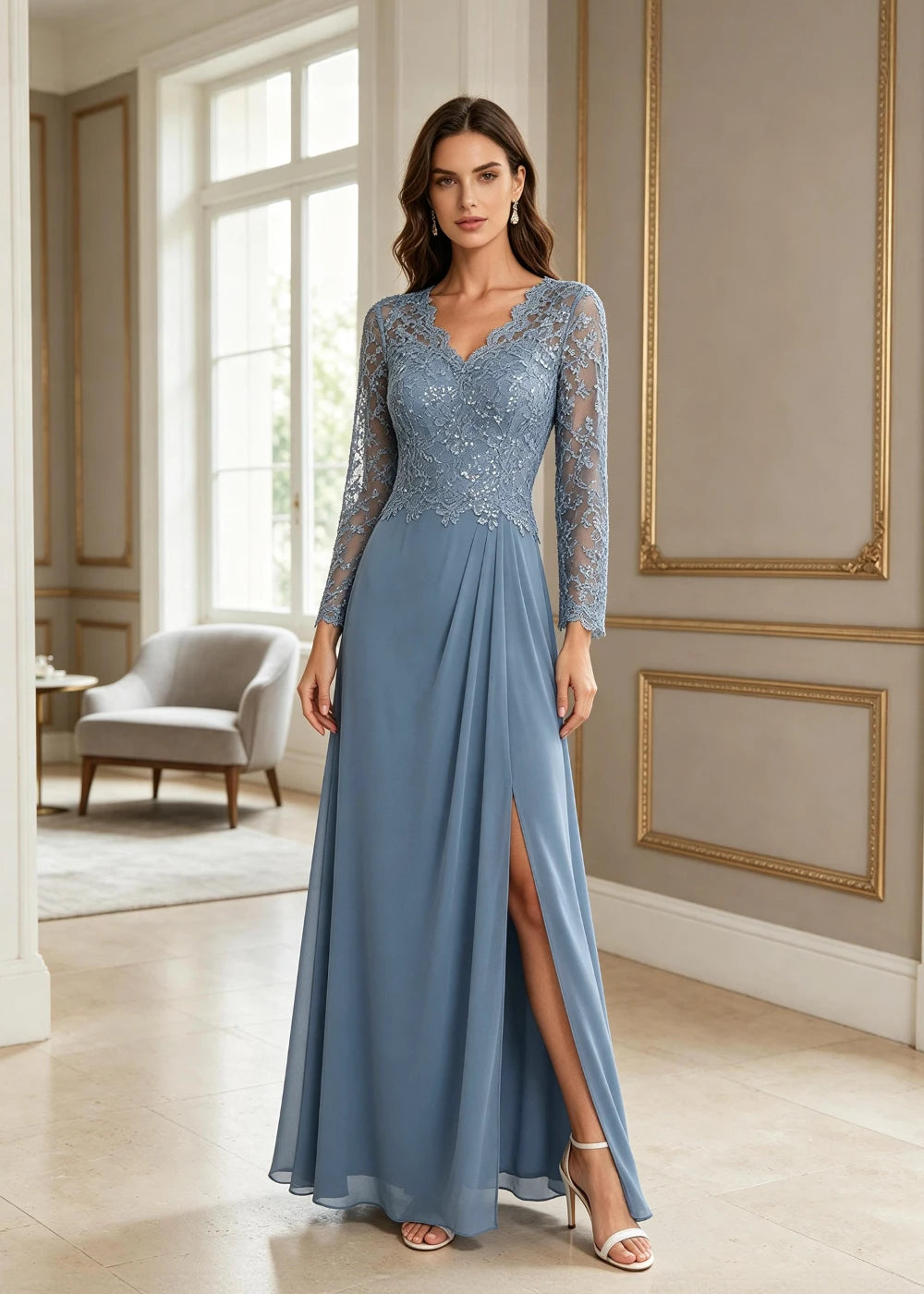 Dusty Blue V-Neck Long-Sleeve Lace Chiffon Dress