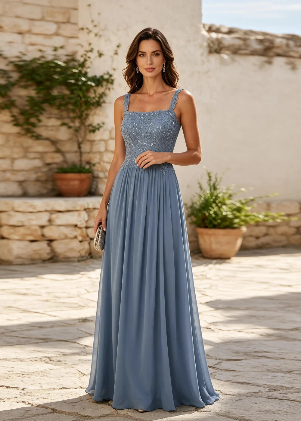 Dusty Blue Square-Neck Beaded Chiffon Evening Gown