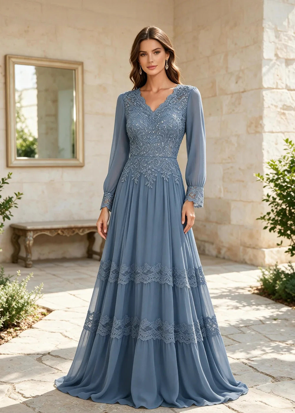 Dusty Blue Long-Sleeve Lace-Tiered Chiffon Gown