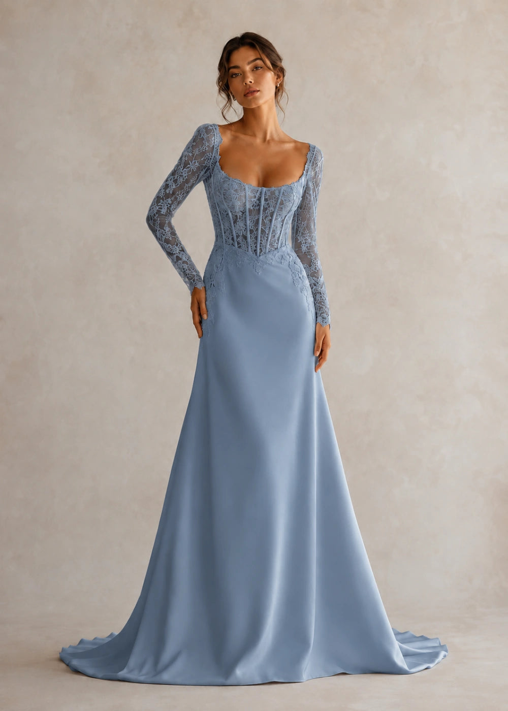 Front view of the dusty blue square-neck fitted gown with long floral-lace sleeves and a softly flared train