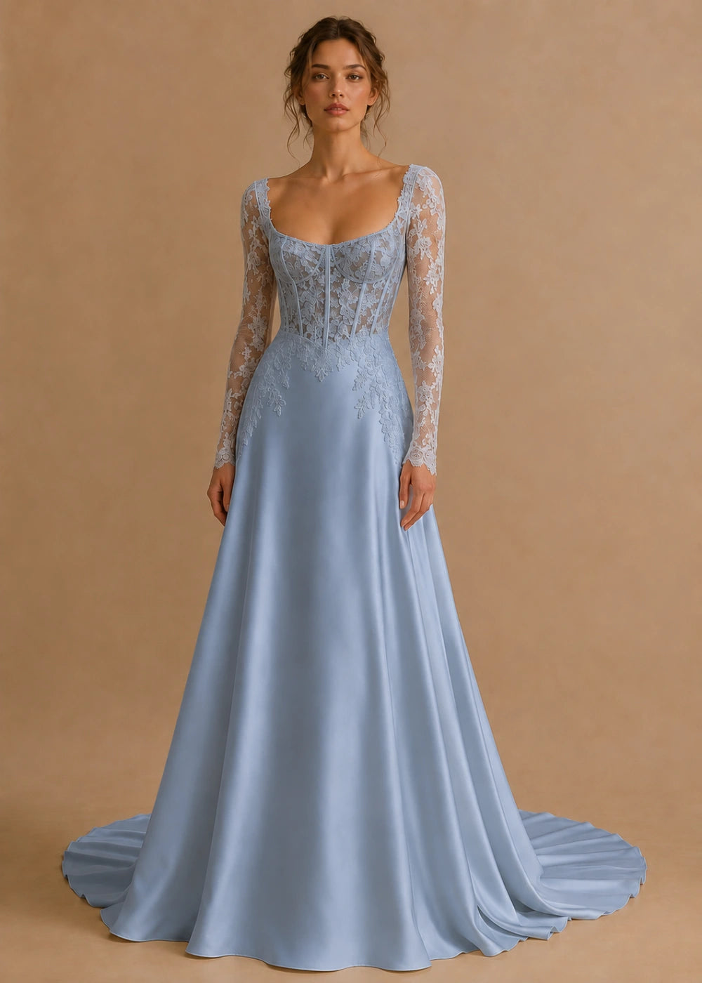 Front view of the dusty blue square-neck A-line gown with a lace corset-style bodice, long sleeves, and a train
