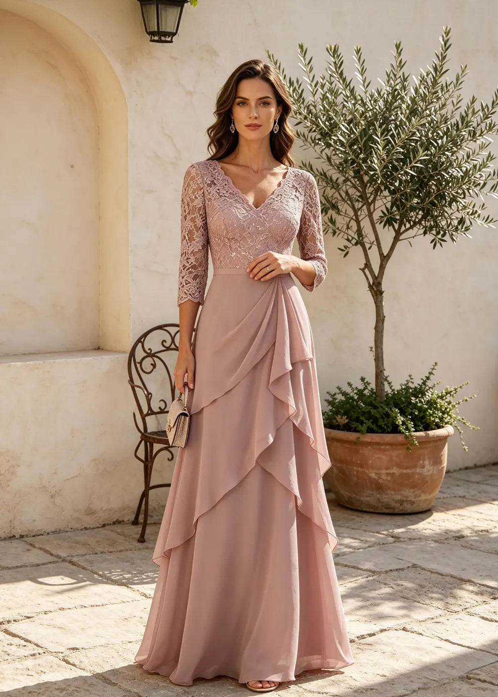 Dusty Rose V-Neck Ruffle Chiffon Maxi Dress