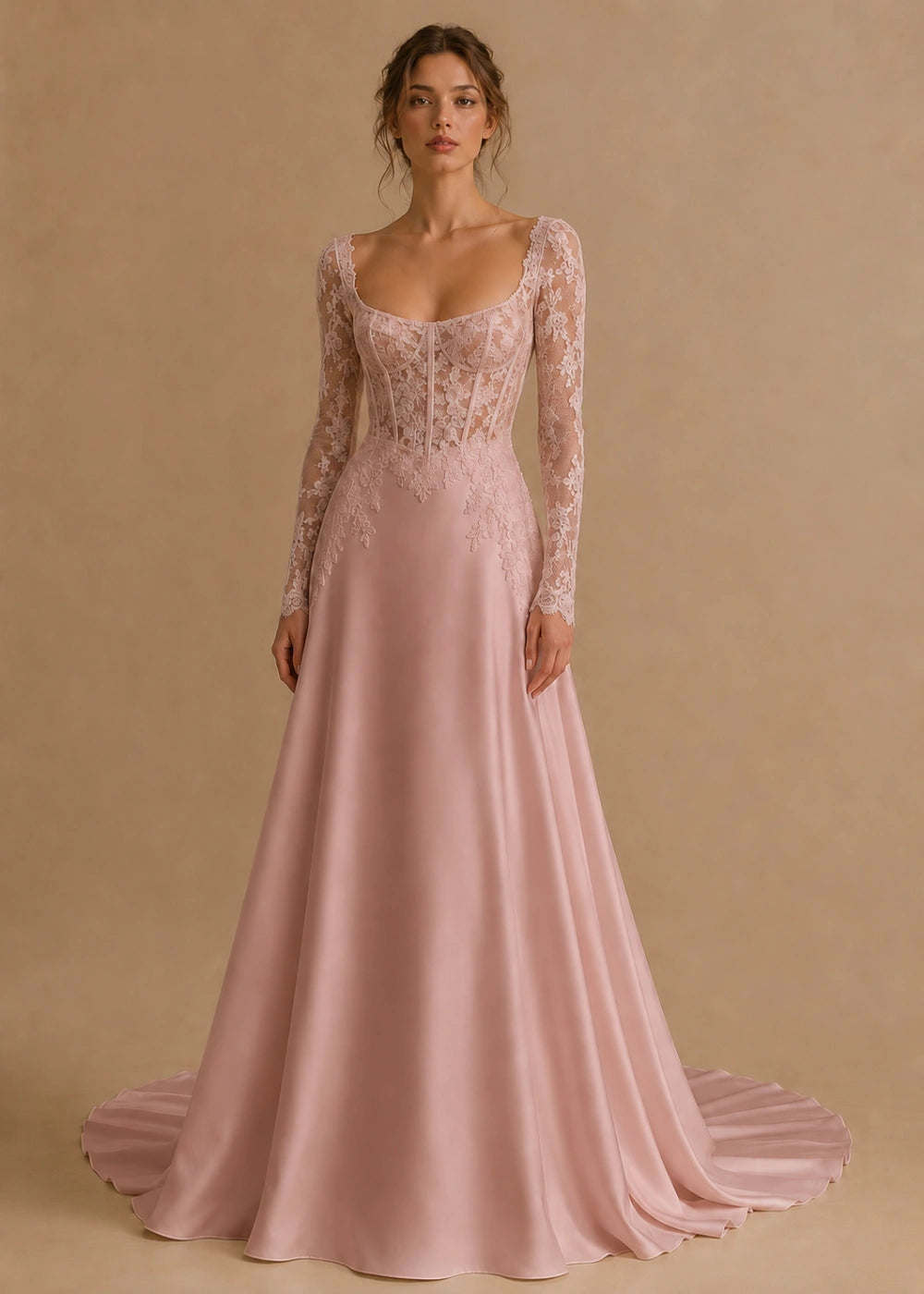 Front view of the dusty rose square-neck A-line gown with a lace corset-style bodice, long sleeves, and a train
