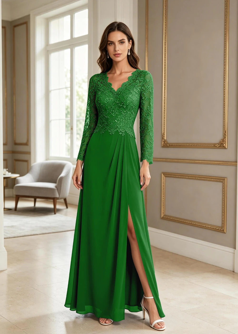 Dusty Blue V-Neck Long-Sleeve Lace Chiffon Dress
