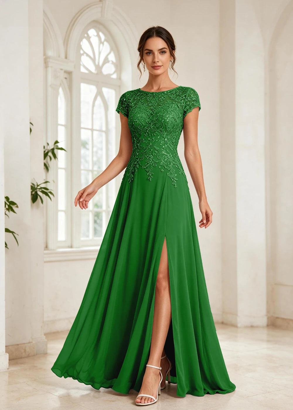 Slate Blue Beaded Cap-Sleeve Chiffon Formal Dress