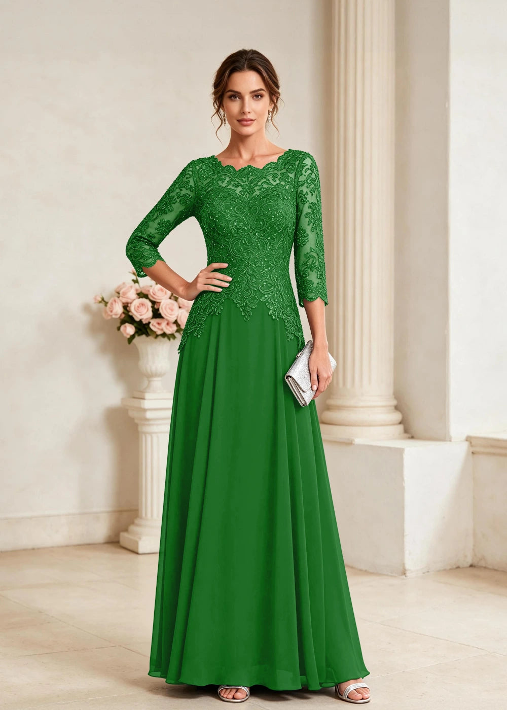 Navy Blue Three-Quarter-Sleeve Lace Chiffon Gown