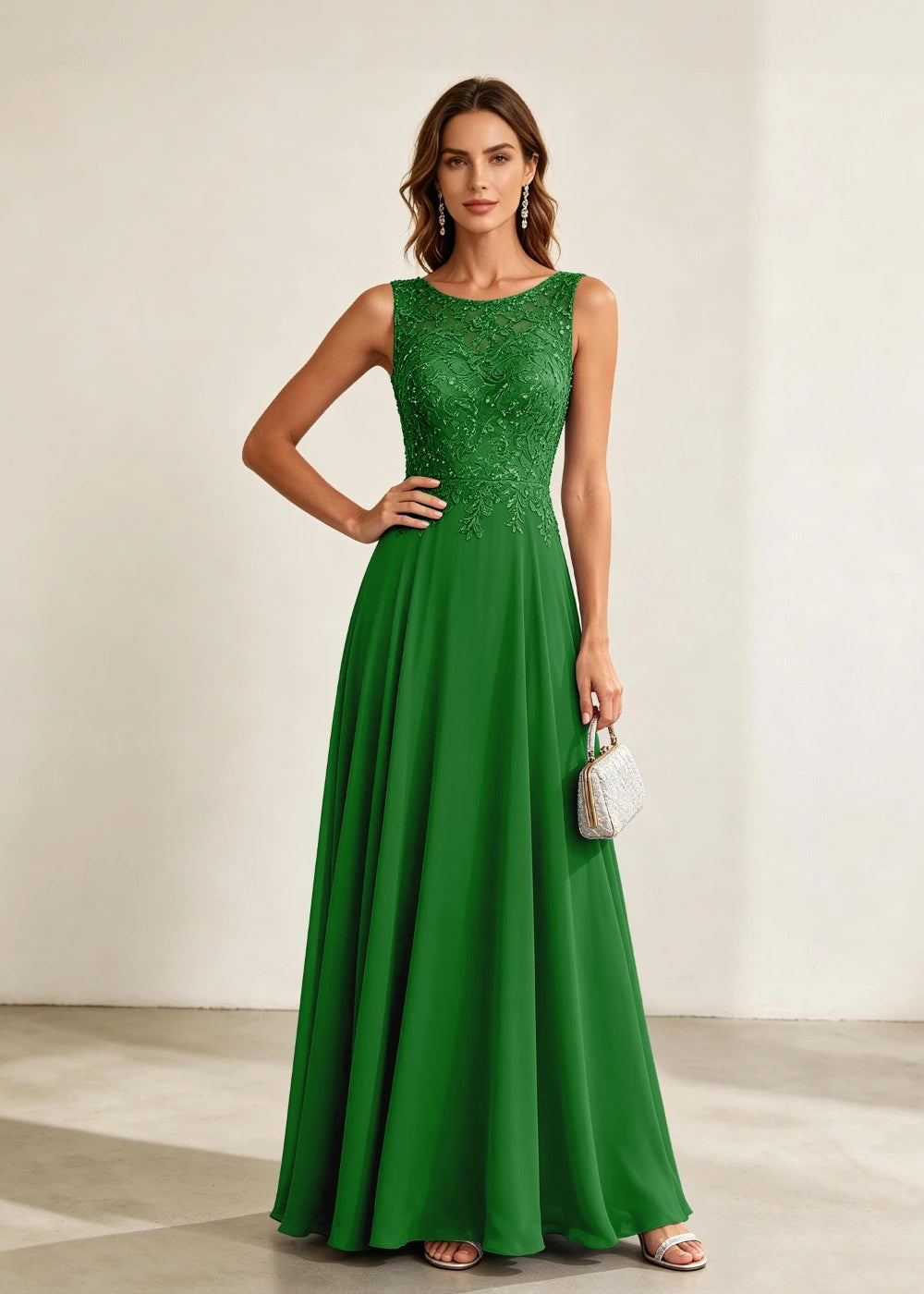 Dusty Blue Sleeveless Lace-Bodice Chiffon Formal Dress