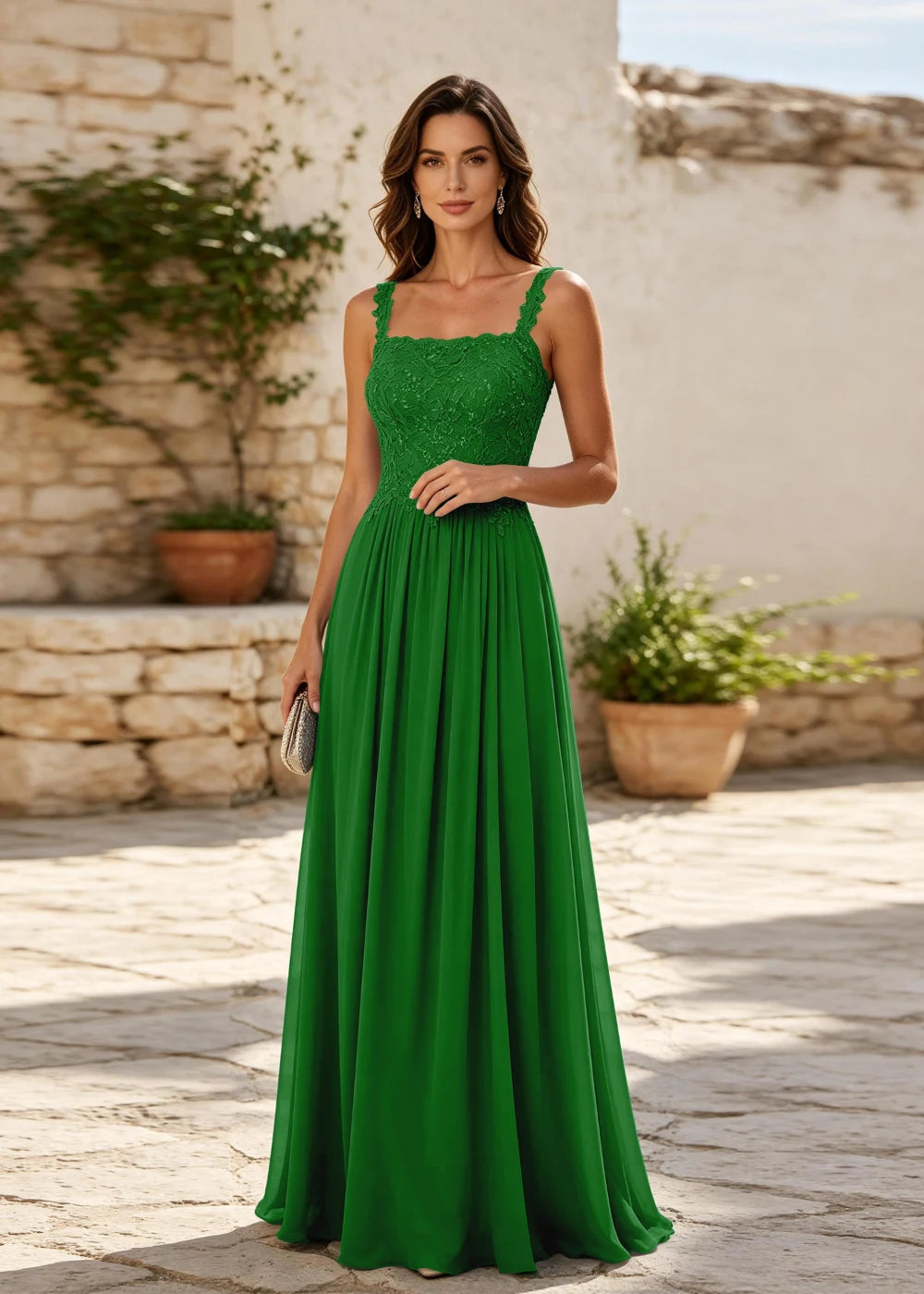 Dusty Blue Square-Neck Beaded Chiffon Evening Gown