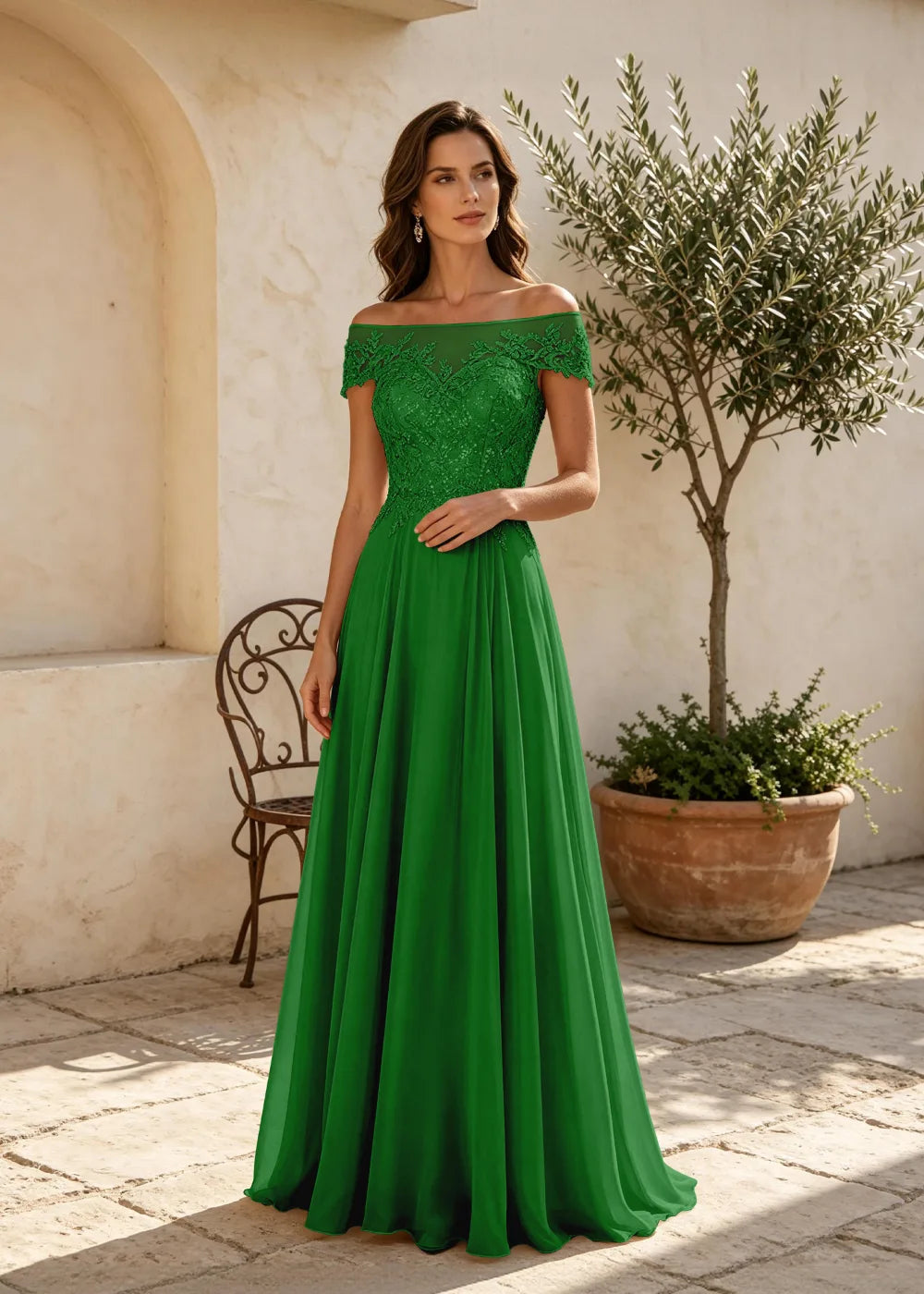 Champagne Off the Shoulder Maxi Dress with Lace