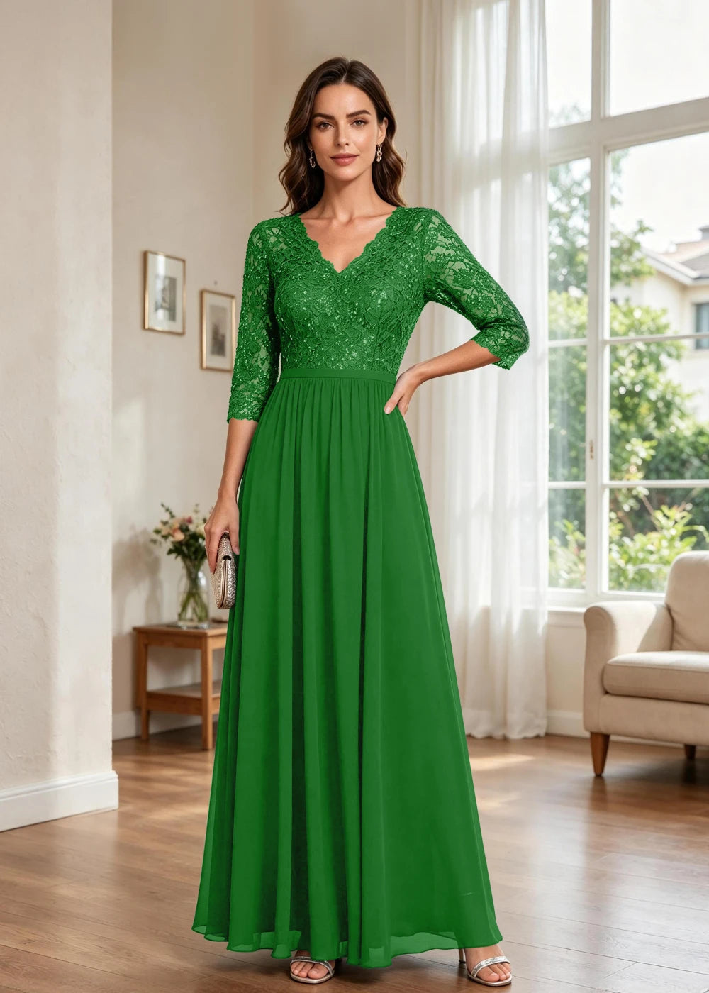 Navy Blue V-Neck Lace-Sleeve Chiffon Maxi Dress