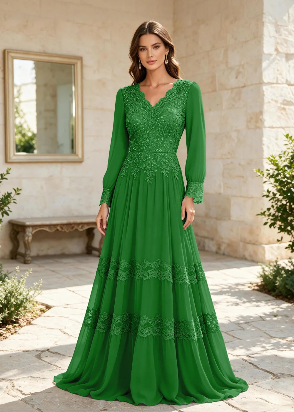 Dusty Blue Long-Sleeve Lace-Tiered Chiffon Gown