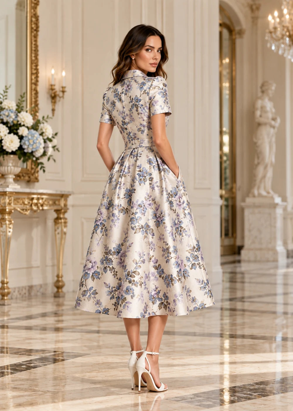 Rear three-quarter view of an ivory and blue floral collared midi dress showing the short sleeves, fitted waist, pockets, and full skirt