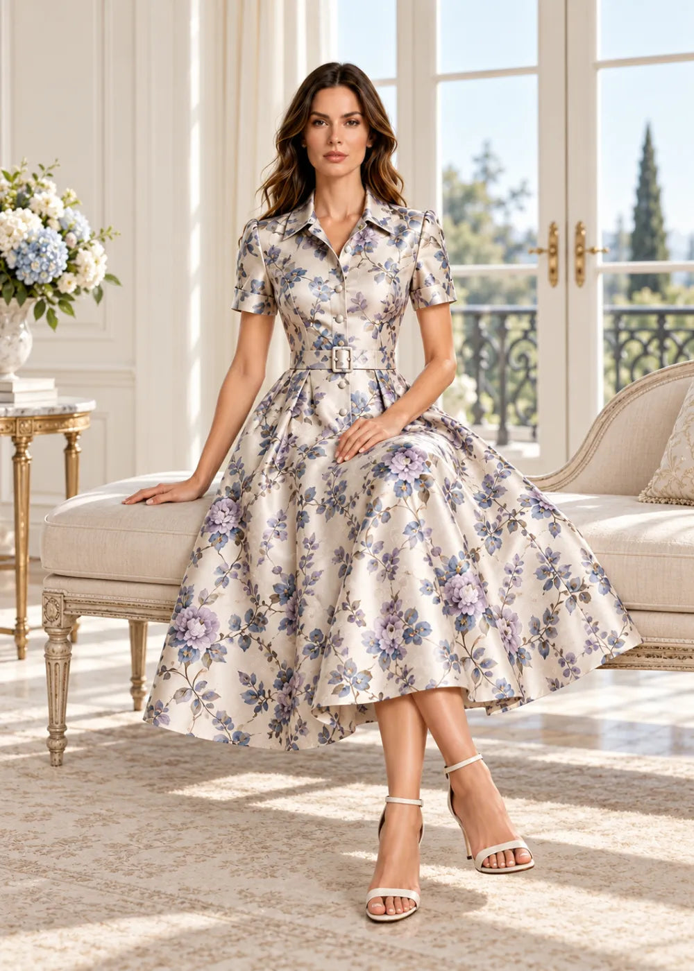 Detail view of the ivory and blue floral collared A-line midi dress with short sleeves and pockets