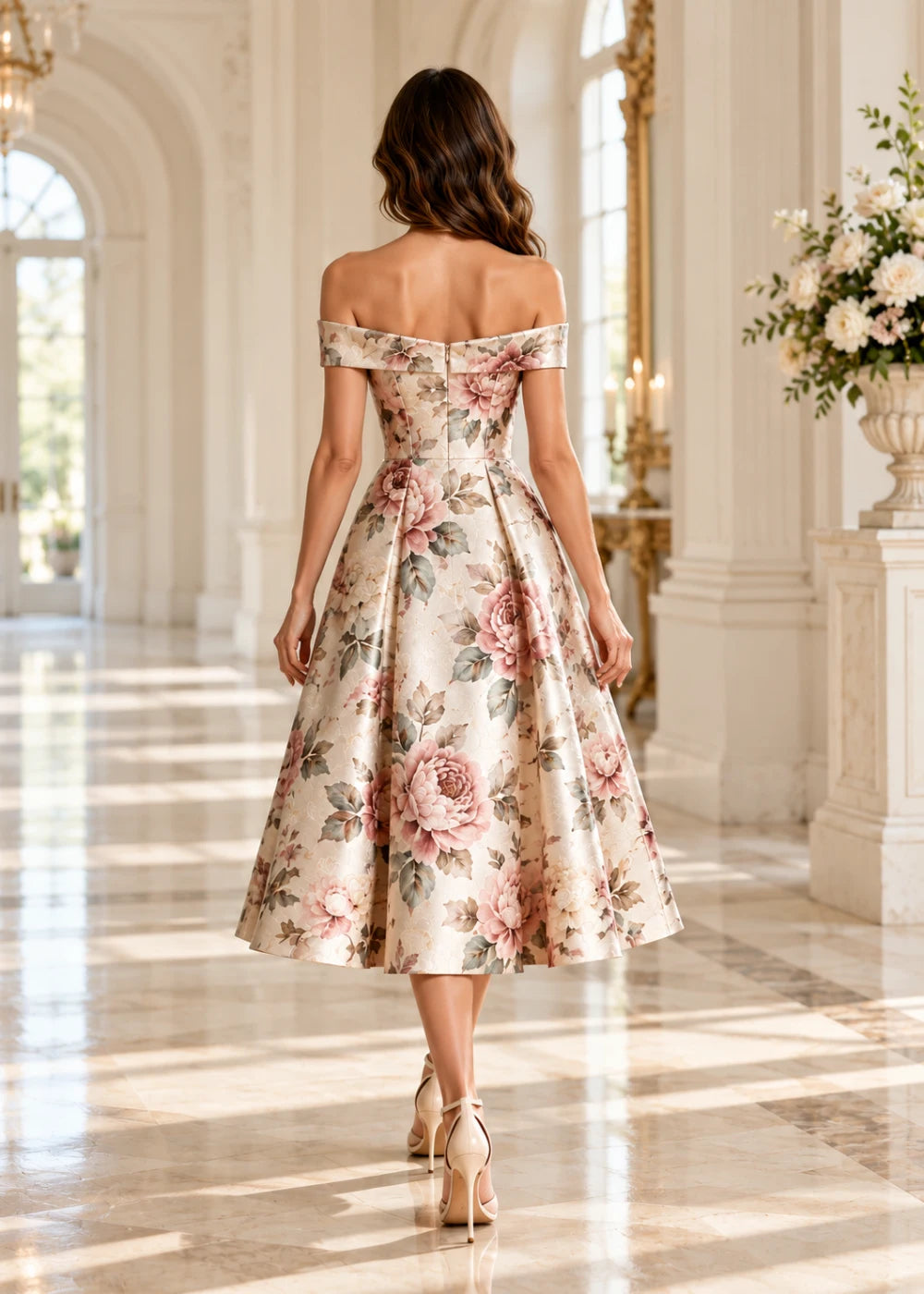 Back view of the ivory and pink floral off-the-shoulder A-line midi dress