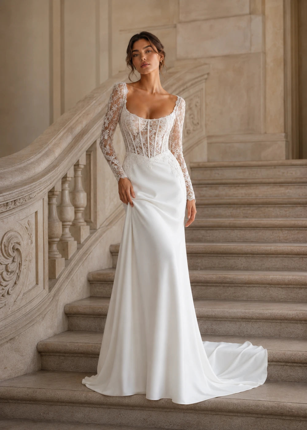 Editorial view of the ivory square-neck fitted gown with long floral-lace sleeves and a softly flared train