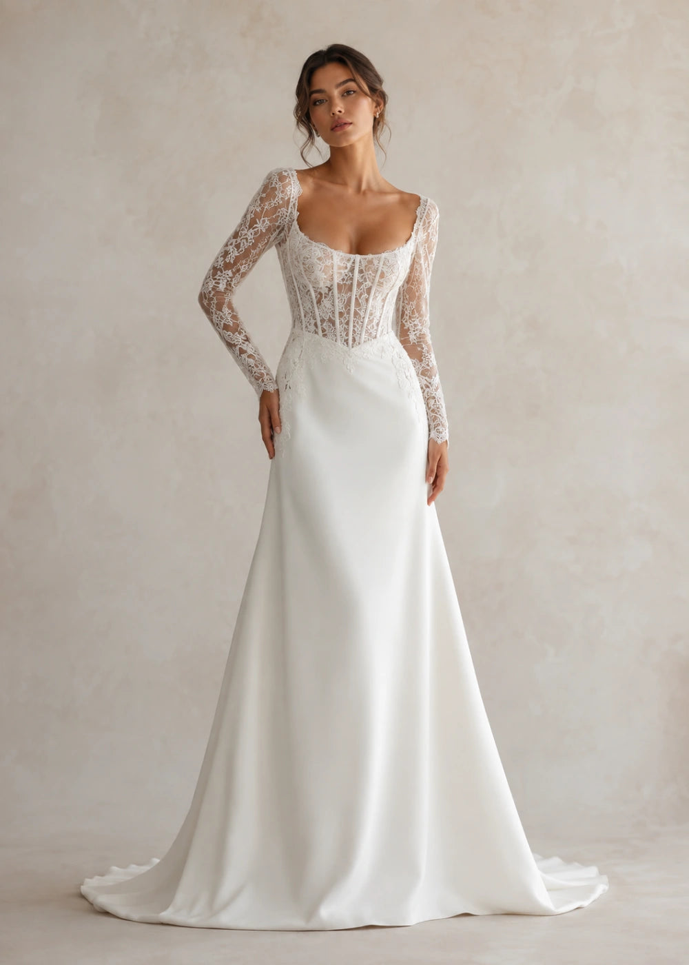 Front view of the ivory square-neck fitted gown with long floral-lace sleeves and a softly flared train