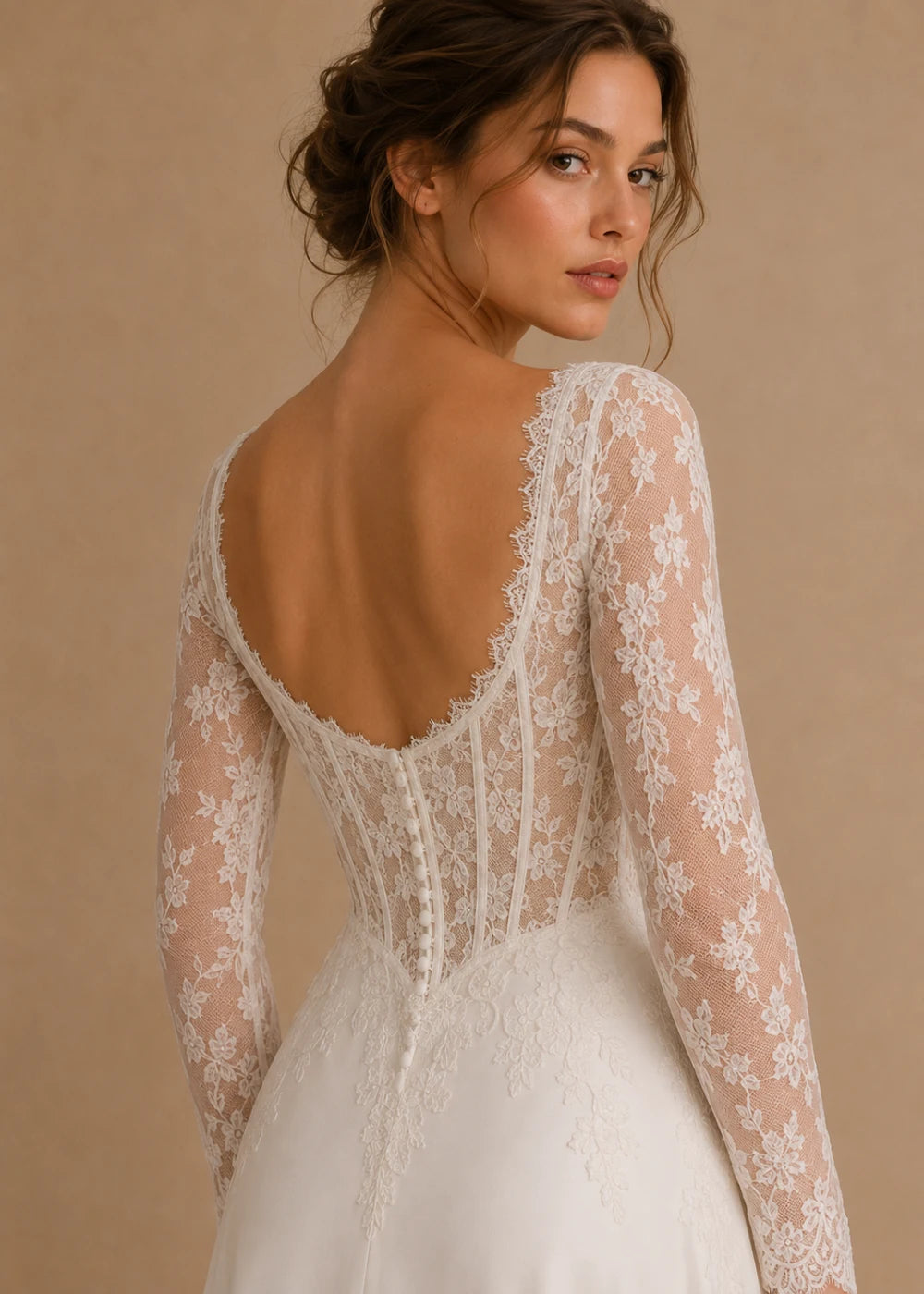 Detail view of the ivory square-neck A-line gown with a lace corset-style bodice, long sleeves, and a train