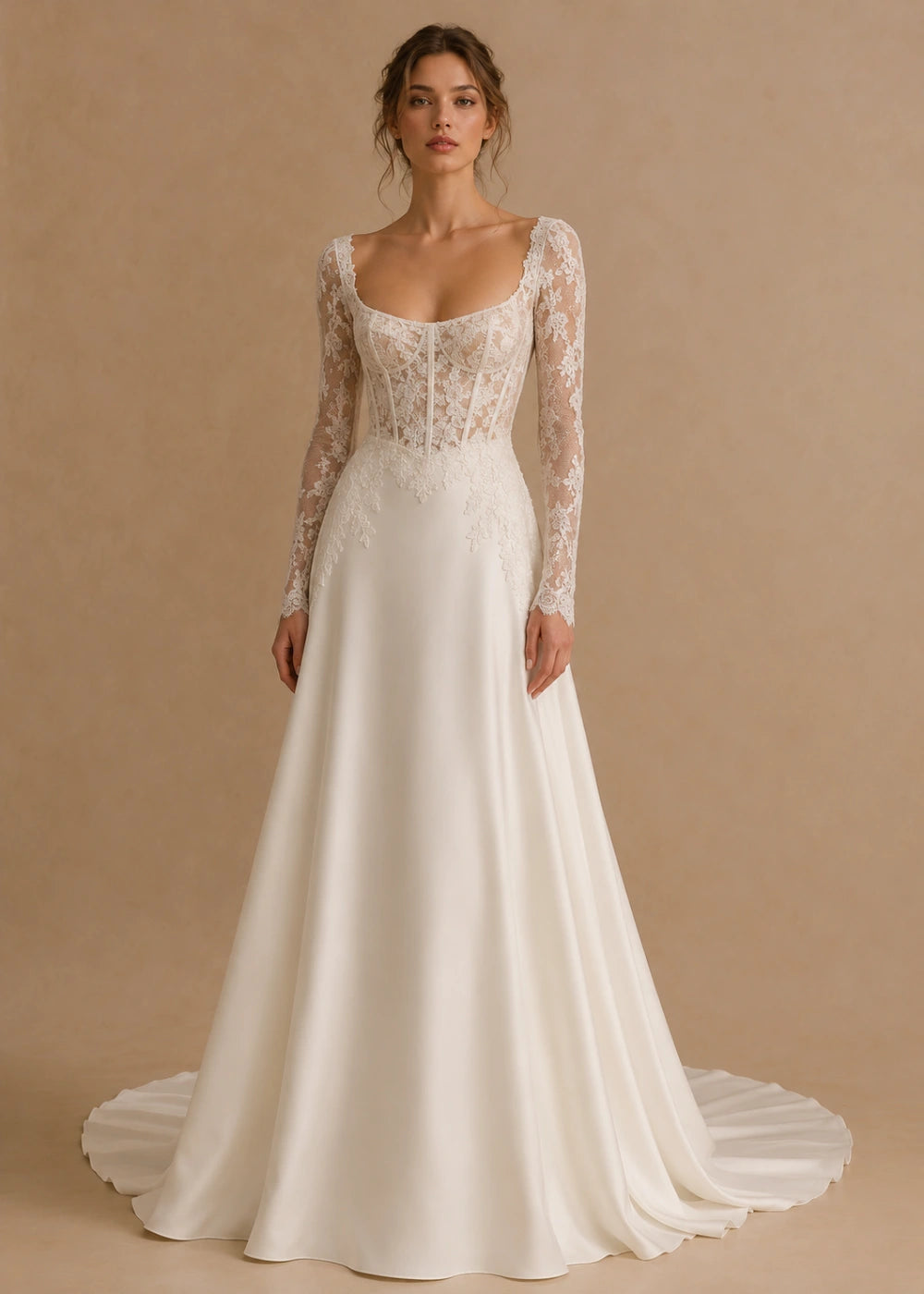 Front view of the ivory square-neck A-line gown with a lace corset-style bodice, long sleeves, and a train