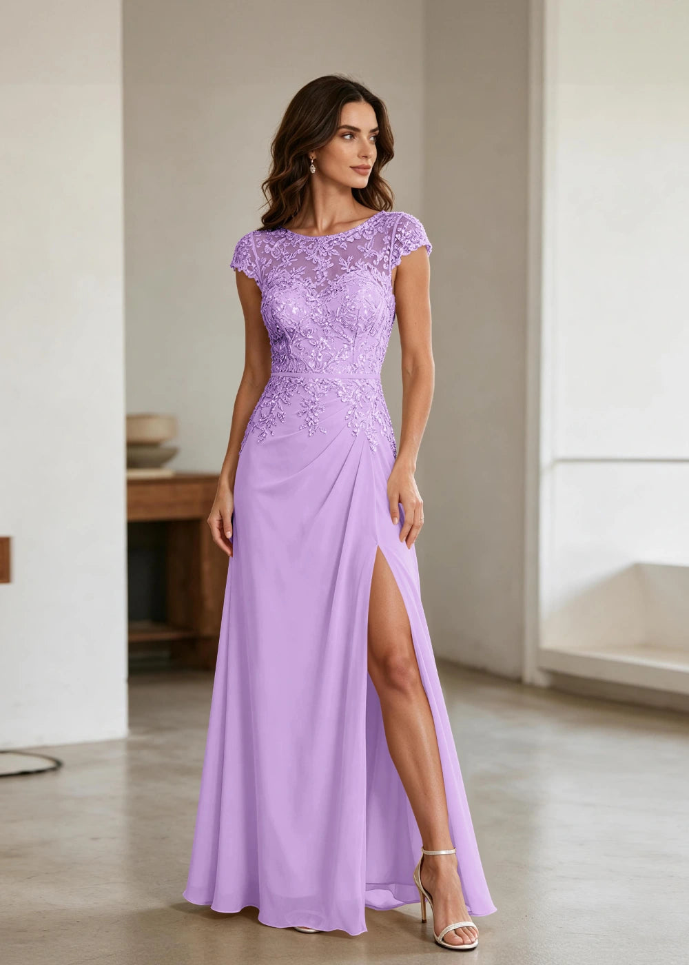 Champagne Lace Cap-Sleeve Chiffon Formal Dress