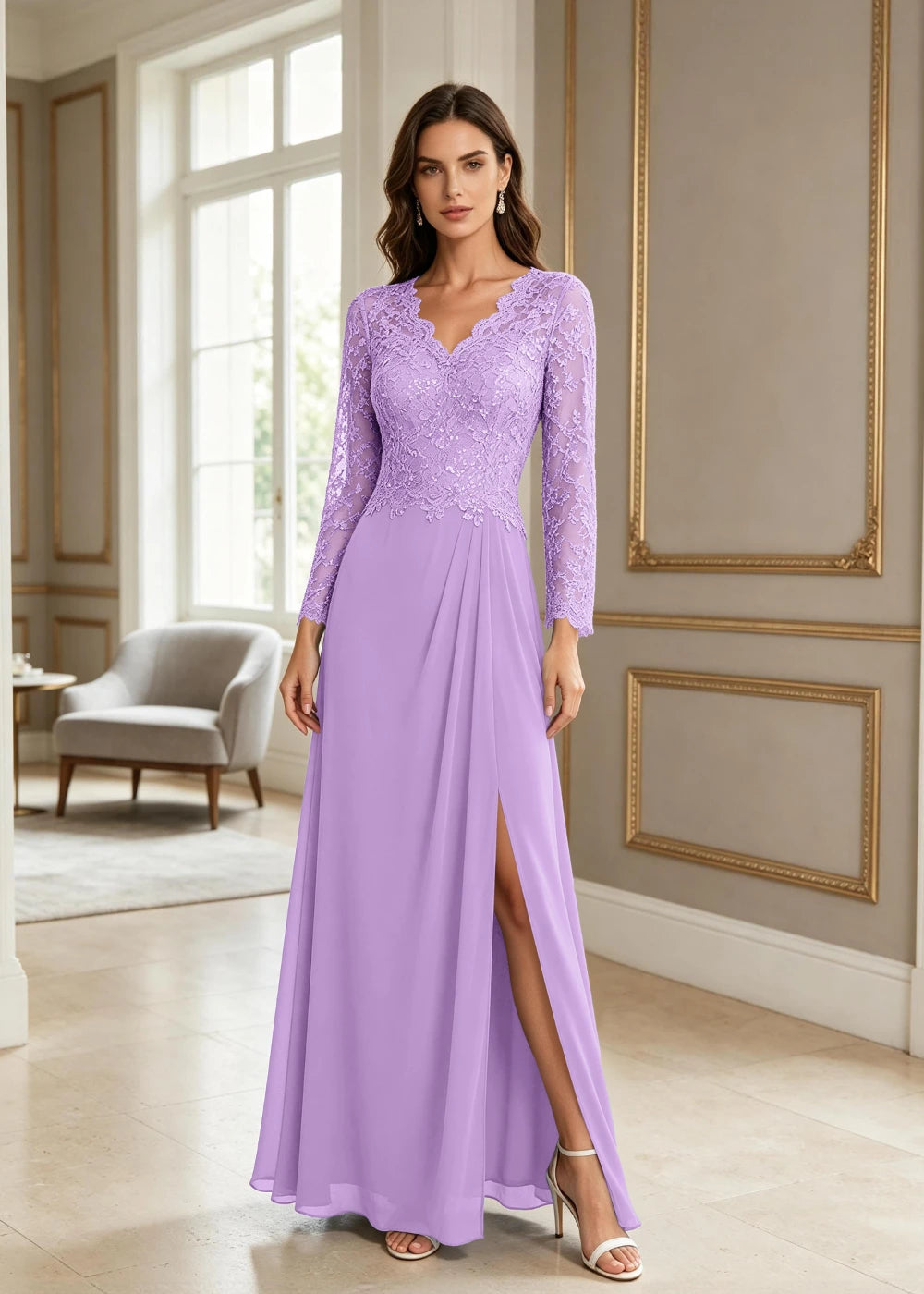 Dusty Blue V-Neck Long-Sleeve Lace Chiffon Dress