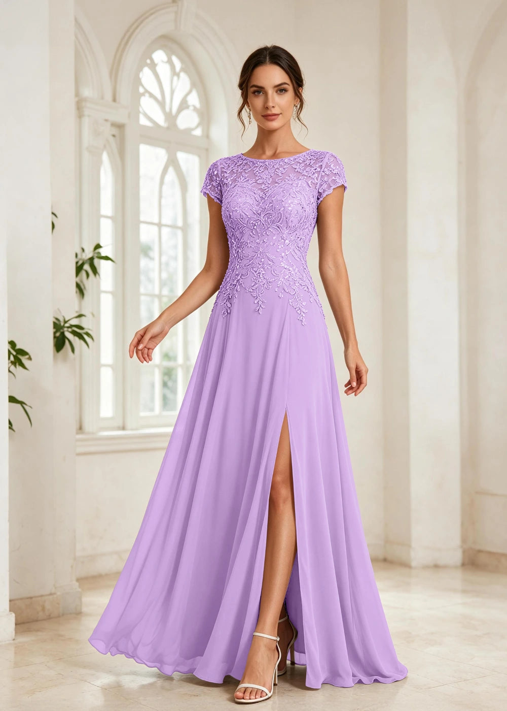 Slate Blue Beaded Cap-Sleeve Chiffon Formal Dress