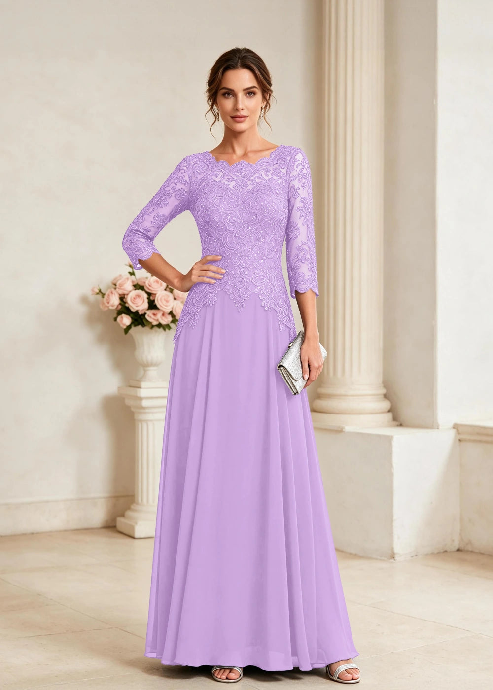 Navy Blue Three-Quarter-Sleeve Lace Chiffon Gown