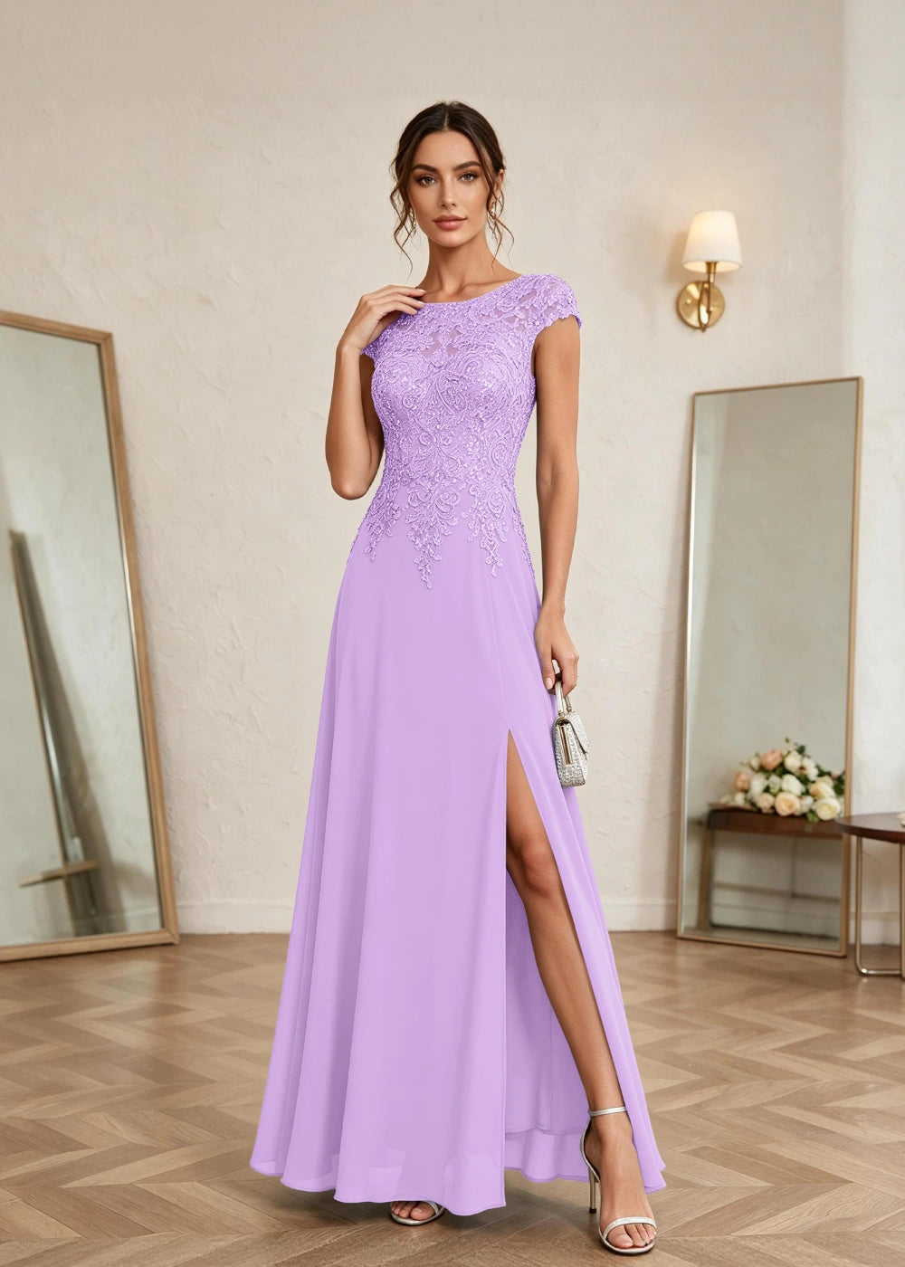 Dusty Blue Cap-Sleeve Lace Chiffon Dress with Slit