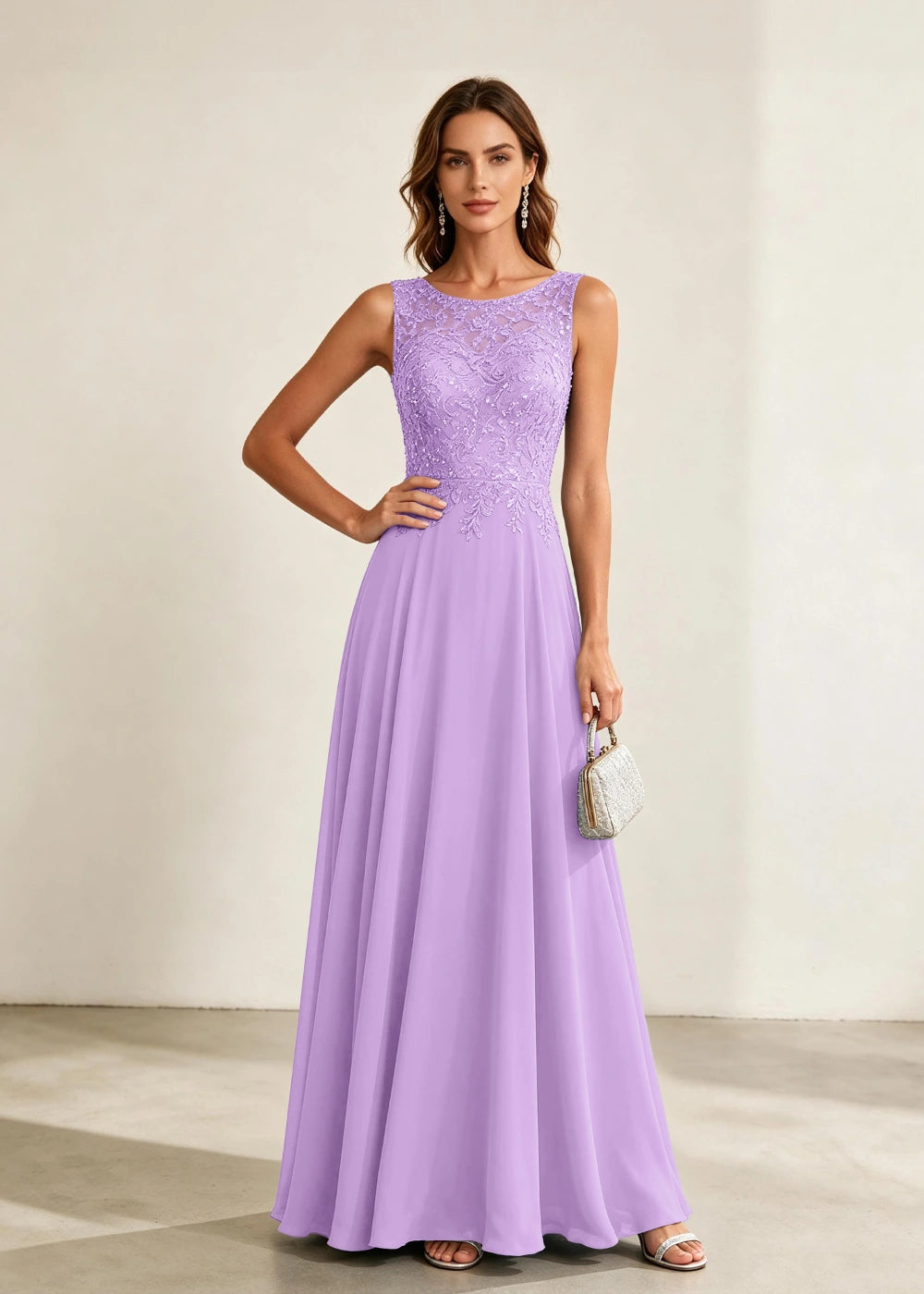 Dusty Blue Sleeveless Lace-Bodice Chiffon Formal Dress