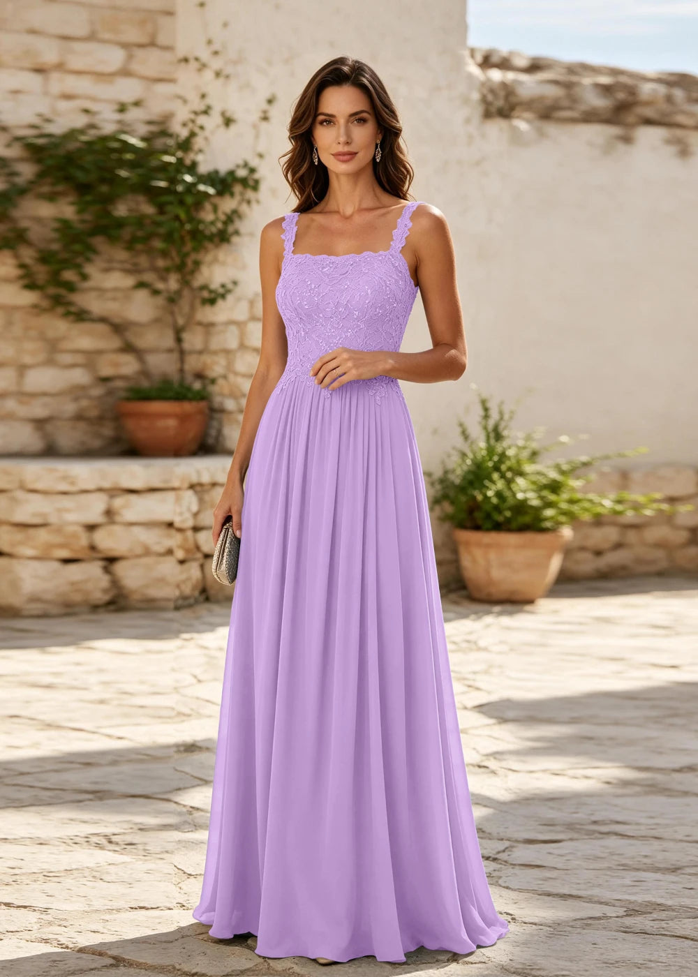 Dusty Blue Square-Neck Beaded Chiffon Evening Gown