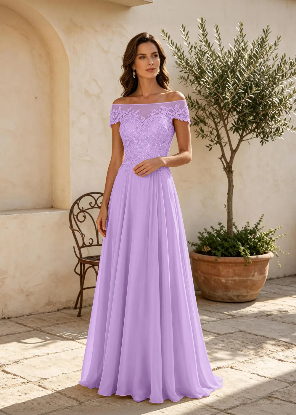 Champagne Off the Shoulder Maxi Dress with Lace